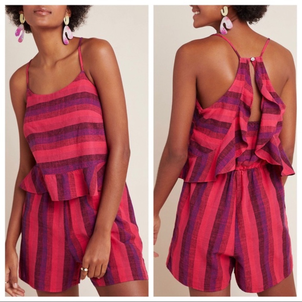 Anthropologie Amadi Romper Pink Stripe Linen